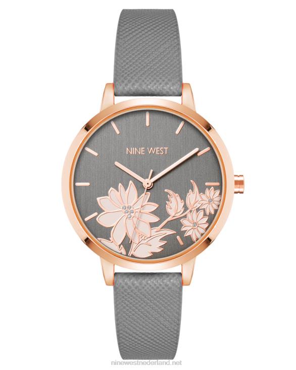 horloge met saffianobandje met gebloemde wijzerplaat Nine West 62LB2884 grijs