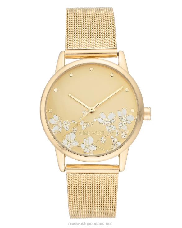 mesh armbandhorloge met bloemenwijzerplaat Nine West 62LB2894 gouden toon