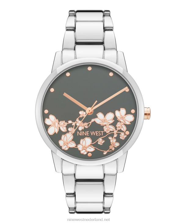 metalen armbandhorloge met bloemenwijzerplaat Nine West 62LB2873 zilveren toon