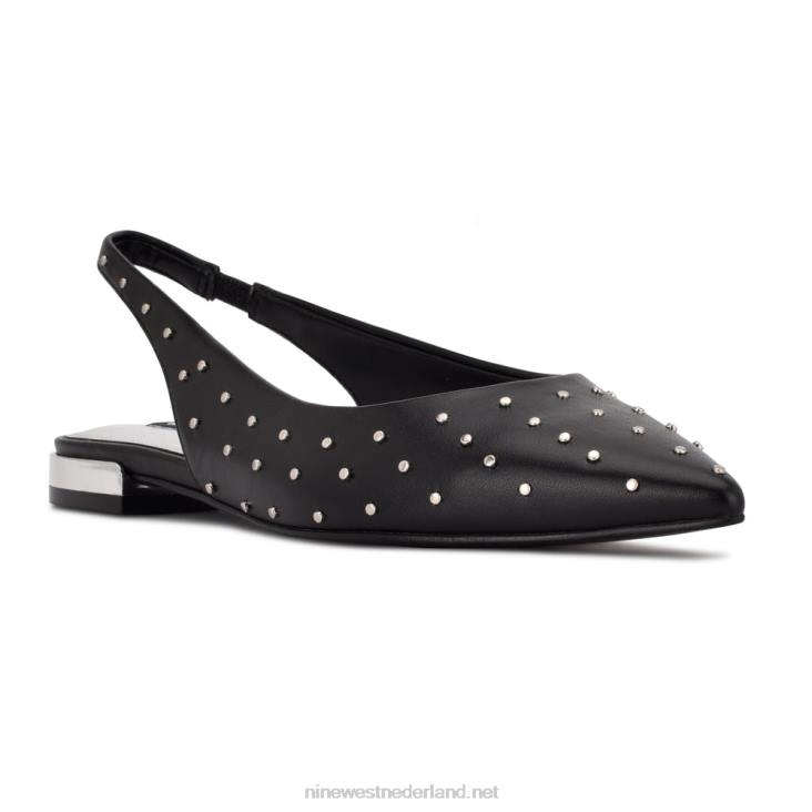 lucee slingback flats met puntige neus Nine West 62LB1113 zwart leer bezaaid