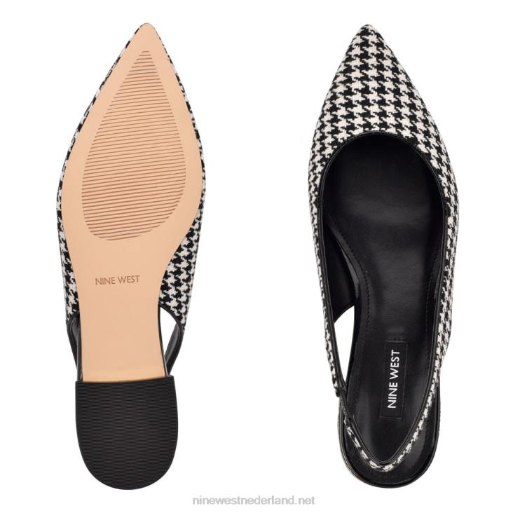 lucee slingback flats met puntige neus Nine West 62LB2149 zwart/wit pied-de-poule