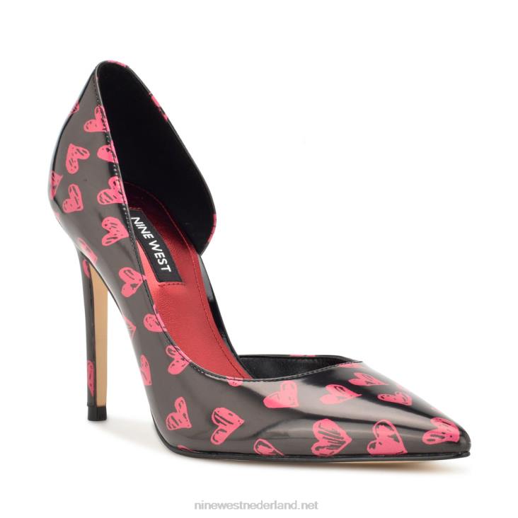 followe d\'orsay pumps met spitse neus Nine West 62LB1266 zwart/rood hart print patent