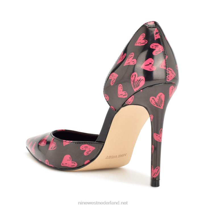 followe d\'orsay pumps met spitse neus Nine West 62LB1266 zwart/rood hart print patent