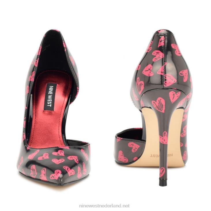 followe d\'orsay pumps met spitse neus Nine West 62LB1266 zwart/rood hart print patent