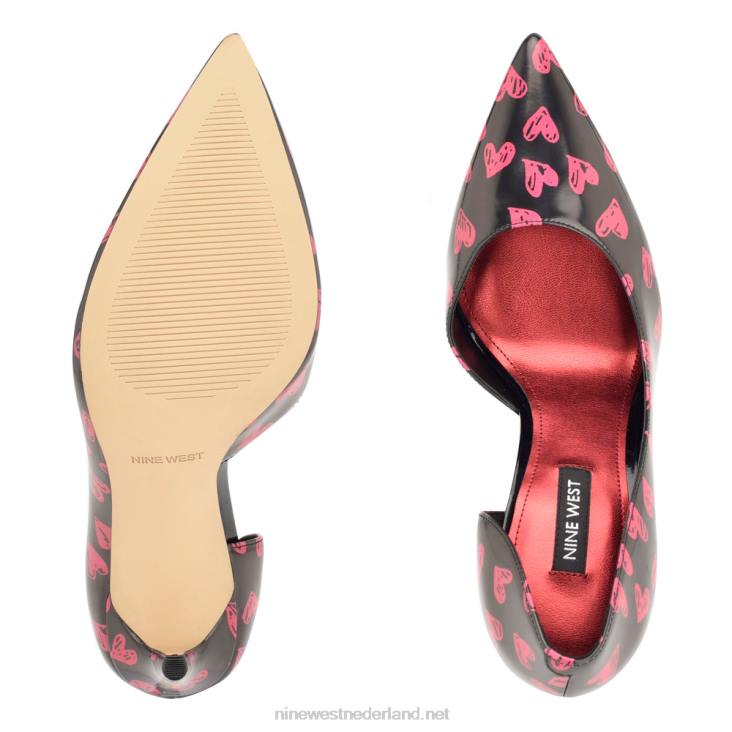 followe d\'orsay pumps met spitse neus Nine West 62LB1266 zwart/rood hart print patent