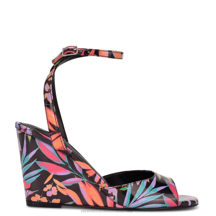 nevr sandalen met sleehak en enkelbandje Nine West 62LB788 zwarte tropische print