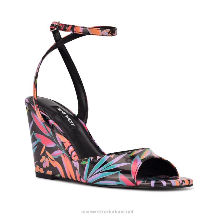 nevr sandalen met sleehak en enkelbandje Nine West 62LB788 zwarte tropische print