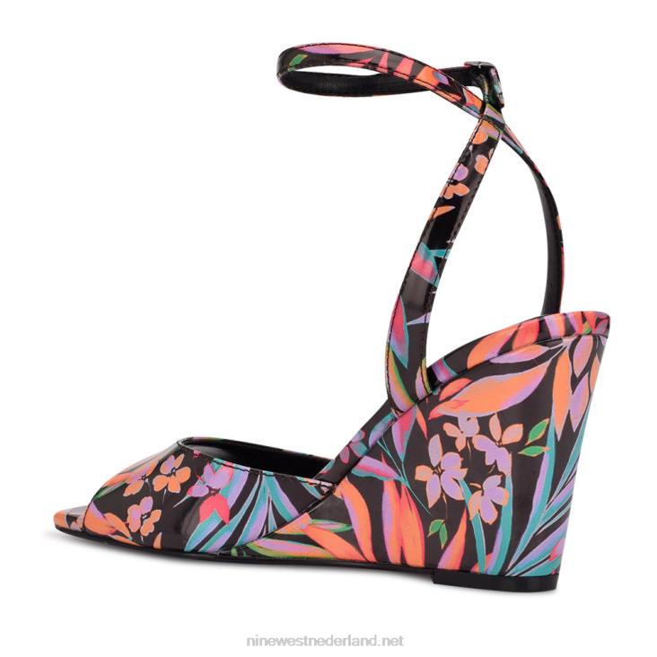 nevr sandalen met sleehak en enkelbandje Nine West 62LB788 zwarte tropische print