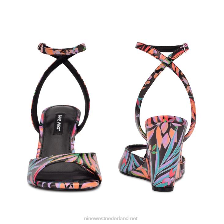 nevr sandalen met sleehak en enkelbandje Nine West 62LB788 zwarte tropische print