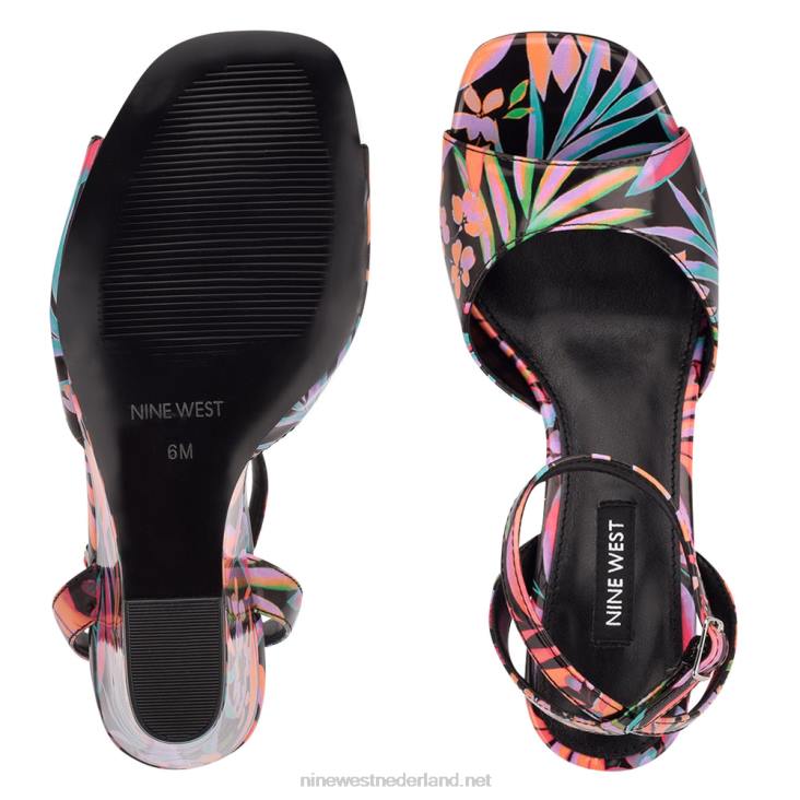 nevr sandalen met sleehak en enkelbandje Nine West 62LB788 zwarte tropische print