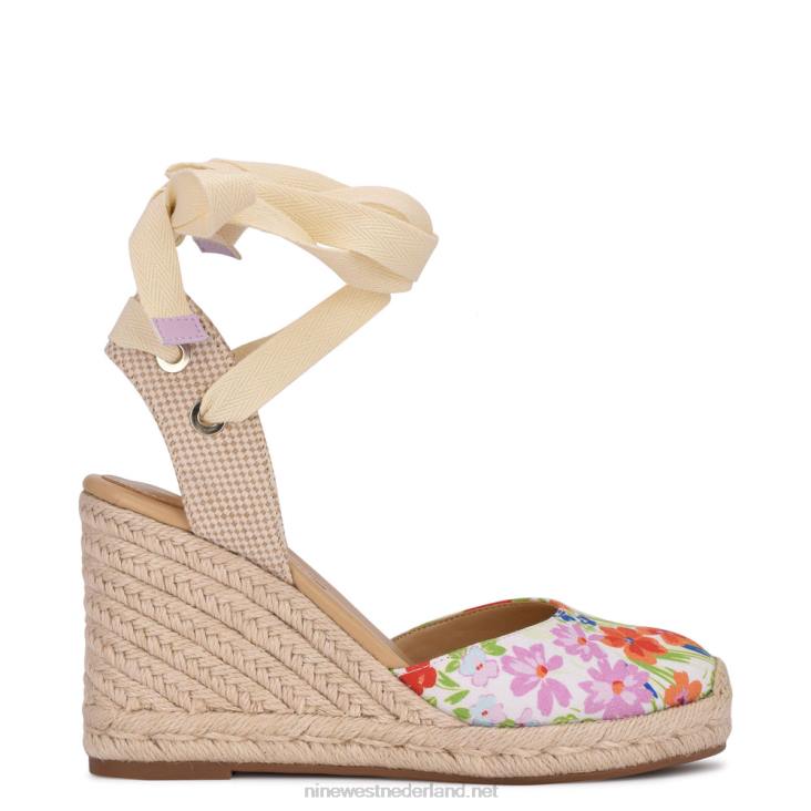 espadrillesandalen met sleehak en enkelband van friend Nine West 62LB842 witte bloemen