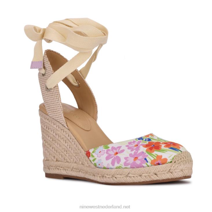 espadrillesandalen met sleehak en enkelband van friend Nine West 62LB842 witte bloemen