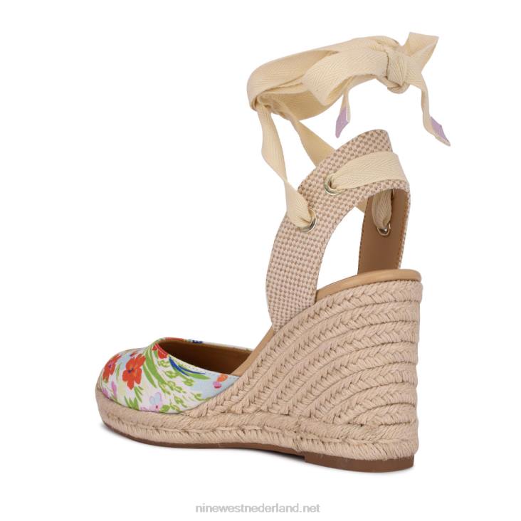 espadrillesandalen met sleehak en enkelband van friend Nine West 62LB842 witte bloemen