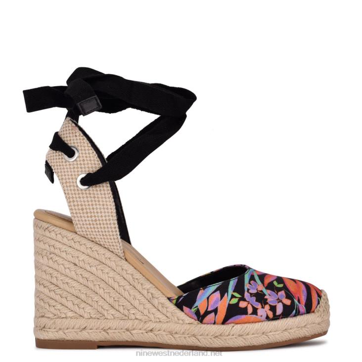 espadrillesandalen met sleehak en enkelband van friend Nine West 62LB844 zwart tropisch