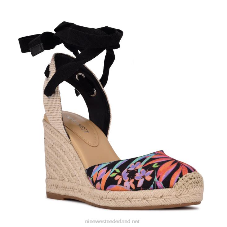 espadrillesandalen met sleehak en enkelband van friend Nine West 62LB844 zwart tropisch